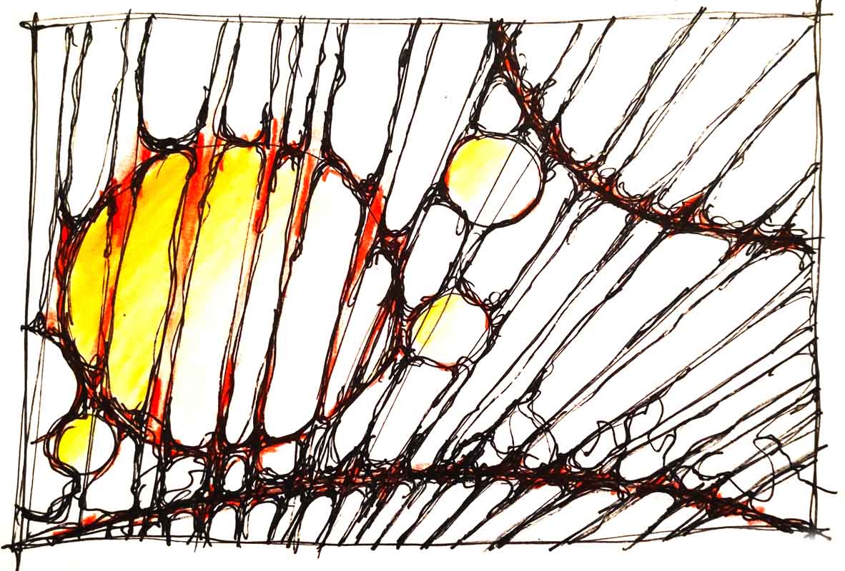 Neuro-Zeichnung 01, DIN A4, Pigment- und Buntstifte auf Papier
