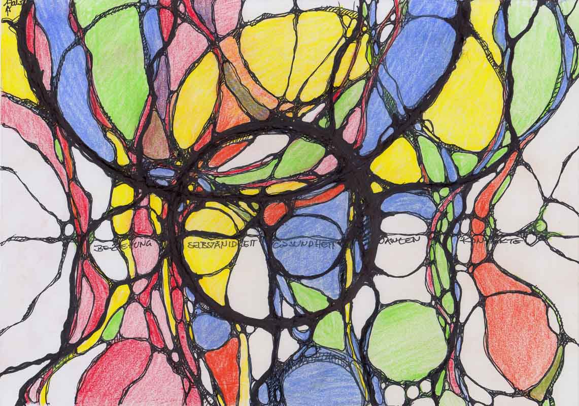 Neuro-Zeichnung 09, DIN A4, Pigment- und Buntstifte auf Papier